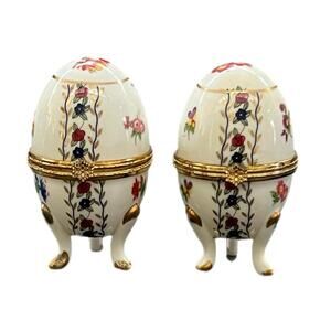 Vintage Porcelain Footed Egg Shaped 4” Trinket Jewelry Boxes Flowers Gold Gilded